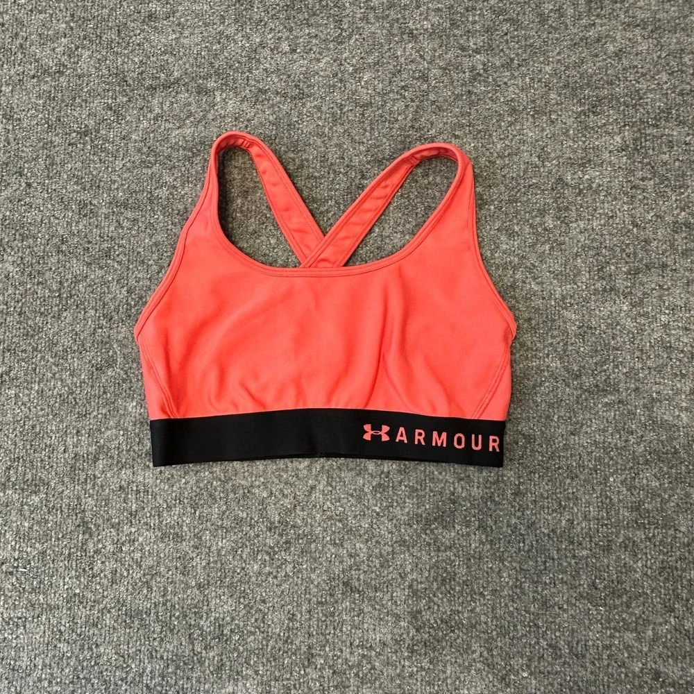 Under Armour Sports Bra Womens Size Medium Coral Pink Compression Crossback Logo